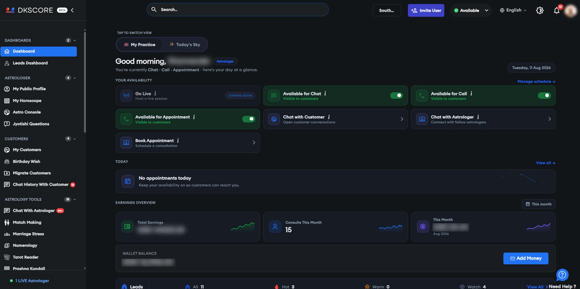 DKSCORE astrologer dashboard — availability toggles, appointments, earnings overview and leads in one workspace